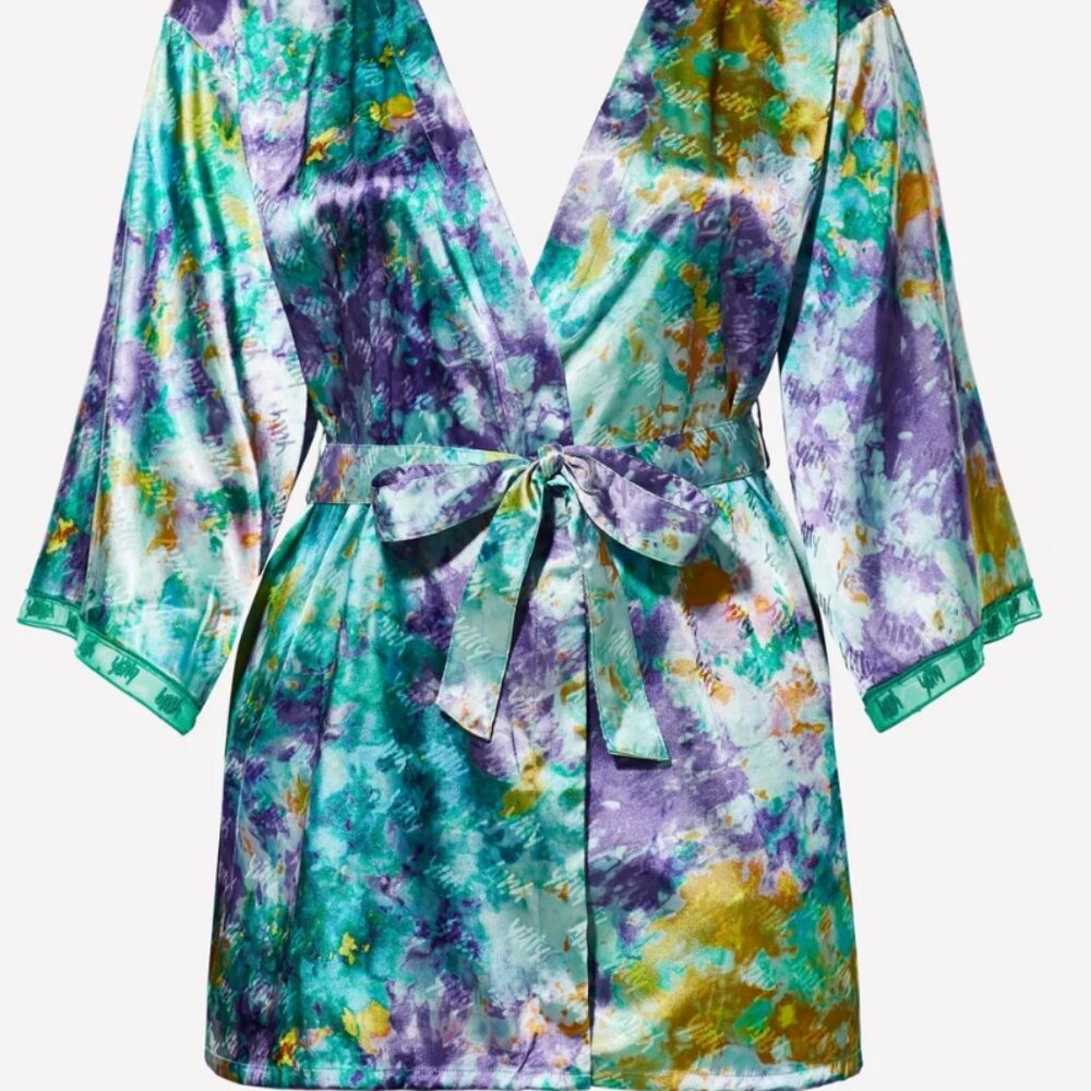 Yitty Satin Pretty Mini Robe Deep Sea Watercolor